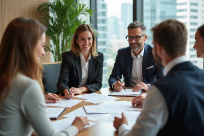 Groupe de professionnels examinant des documents RSE en réunion