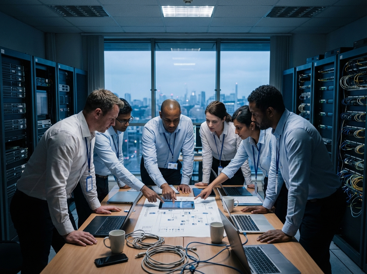 Equipe d experts IT en discussion dans un serveur