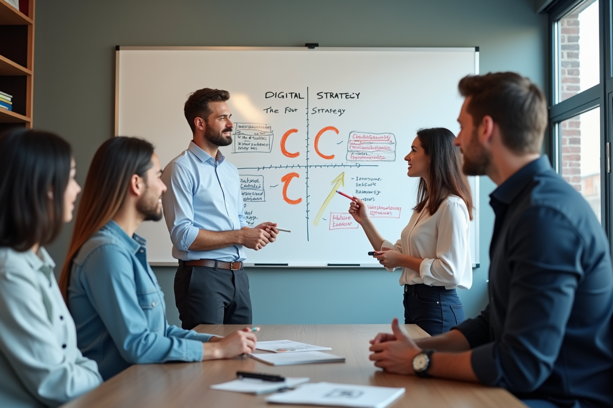 Groupe de professionnels discutant stratégie digitale