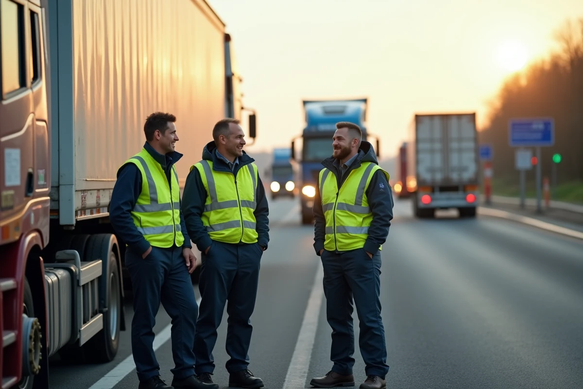 Groupe de travailleurs logistiques en pause sur l
