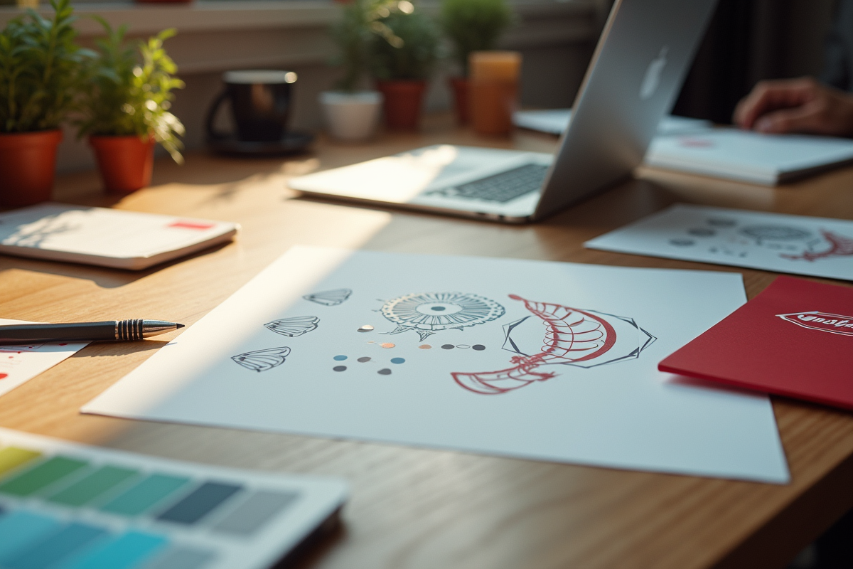 Espace de travail créatif avec logos et croquis Auchan