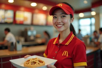 Jeune employée McDonald's en uniforme tenant un plateau repas derrière le comptoir d'un restaurant fast-food