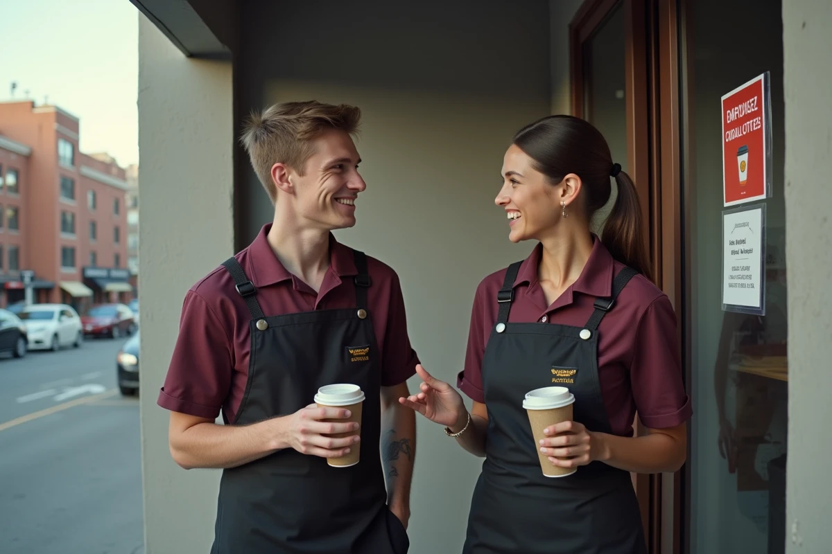 Deux étudiants en uniforme McDonald's discutant lors d'une pause devant l'entrée de service d'un fast-food urbain