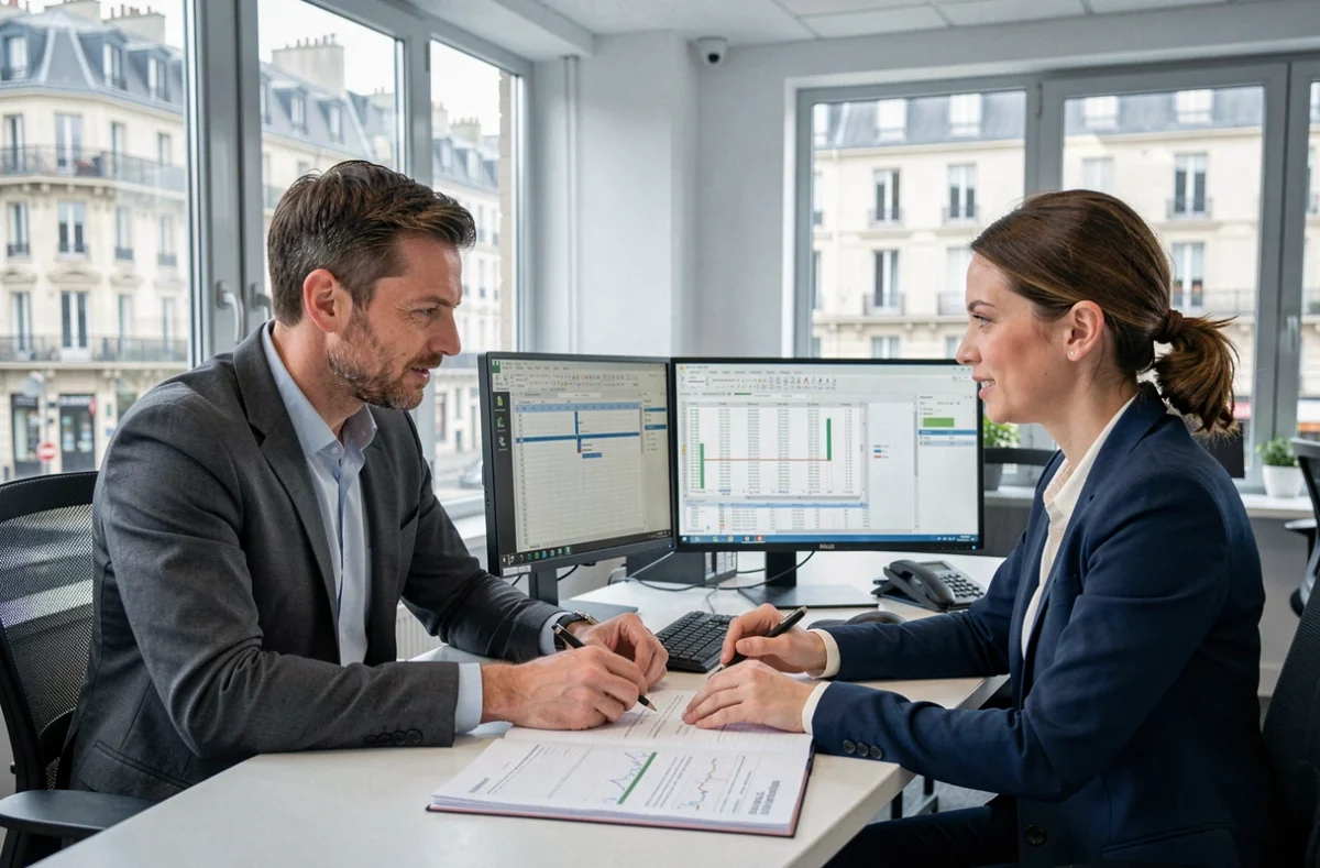 Deux experts-comptables d'Exco Valloire collaborant sur des données financières dans un bureau moderne avec vue urbaine