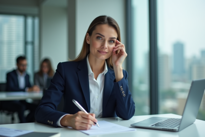 Femme d'affaires en blazer navy dans un bureau moderne