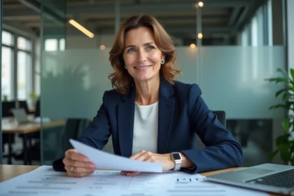 Femme d'affaires confiante en costume navy au bureau