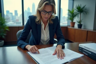 Femme d'affaires examinant un contrat commercial international avec les termes Incoterm DDP dans une salle de réunion professionnelle