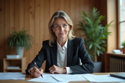 Femme d affaires en réunion lisant des documents