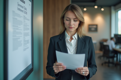 Femme d affaires lisant un document dans un bureau professionnel