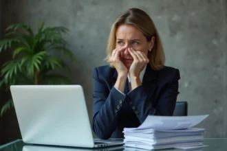 Femme d'affaires française en blazer navy pensant au bureau