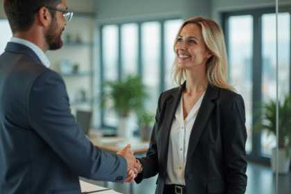 Femme d'affaires souriante serre la main d'un client dans un bureau moderne