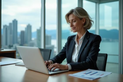 Femme d'affaires examine des graphiques financiers à Vancouver
