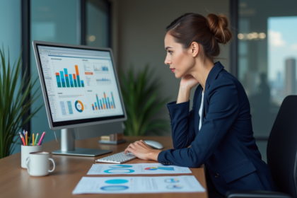 Femme professionnelle analysant des graphiques marketing colorés