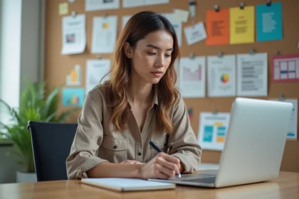 Femme en bureau créatif analysant un ordinateur portable