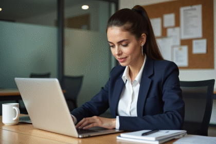 Femme professionnelle lisant son ordinateur au bureau