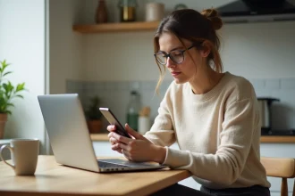 Femme assise à une table de cuisine moderne utilisant son ordinateur