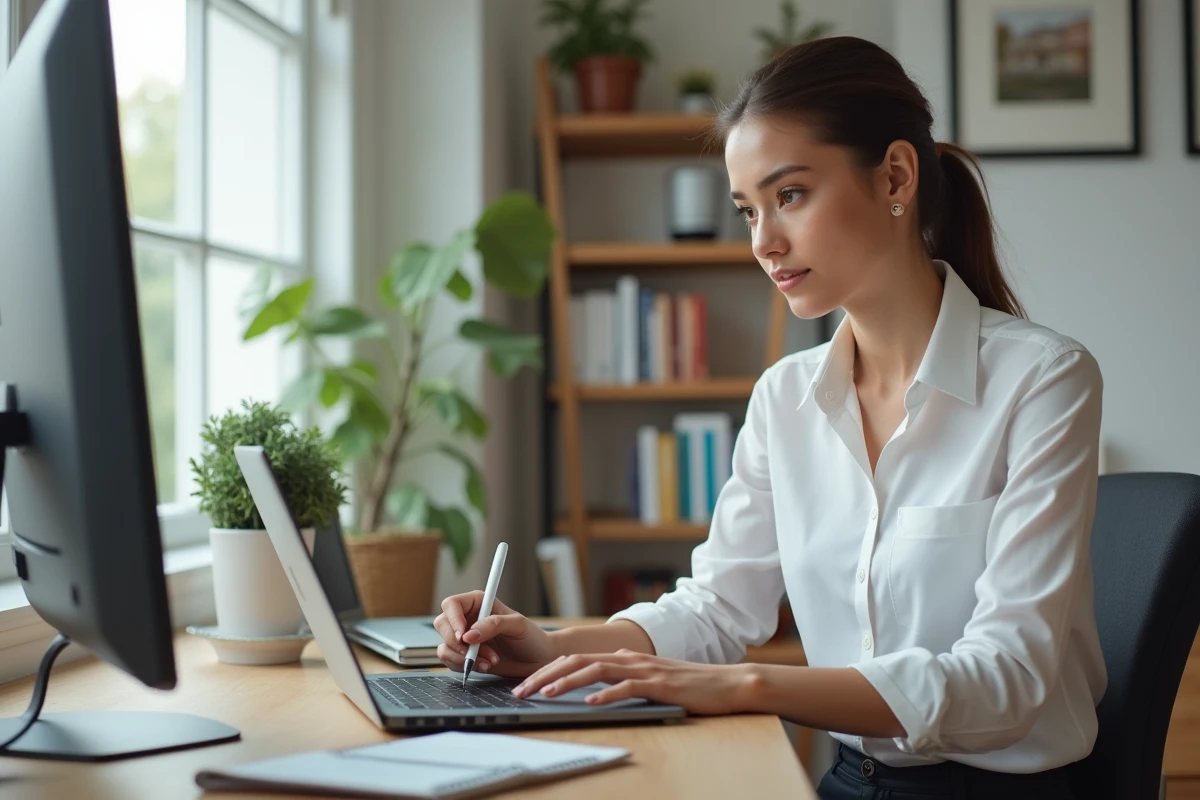 Jeune femme travaillant sur son ordinateur dans un bureau lumineux