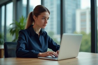 Femme professionnelle au bureau vérifiant son ordinateur