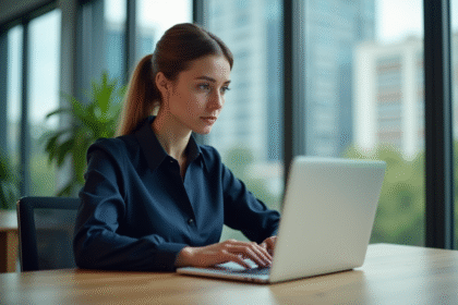 Femme professionnelle au bureau vérifiant son ordinateur