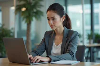 Femme au bureau regardant son ordinateur portable