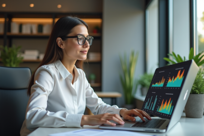 Femme au bureau analysant des graphiques sur son ordinateur