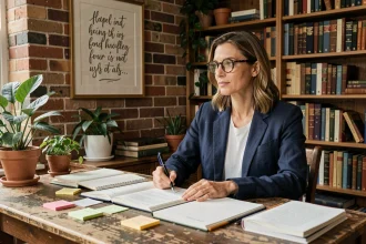 Femme concentrée à son bureau réfléchissant à un proverbe sur le travail et l'ambition dans un bureau chaleureux