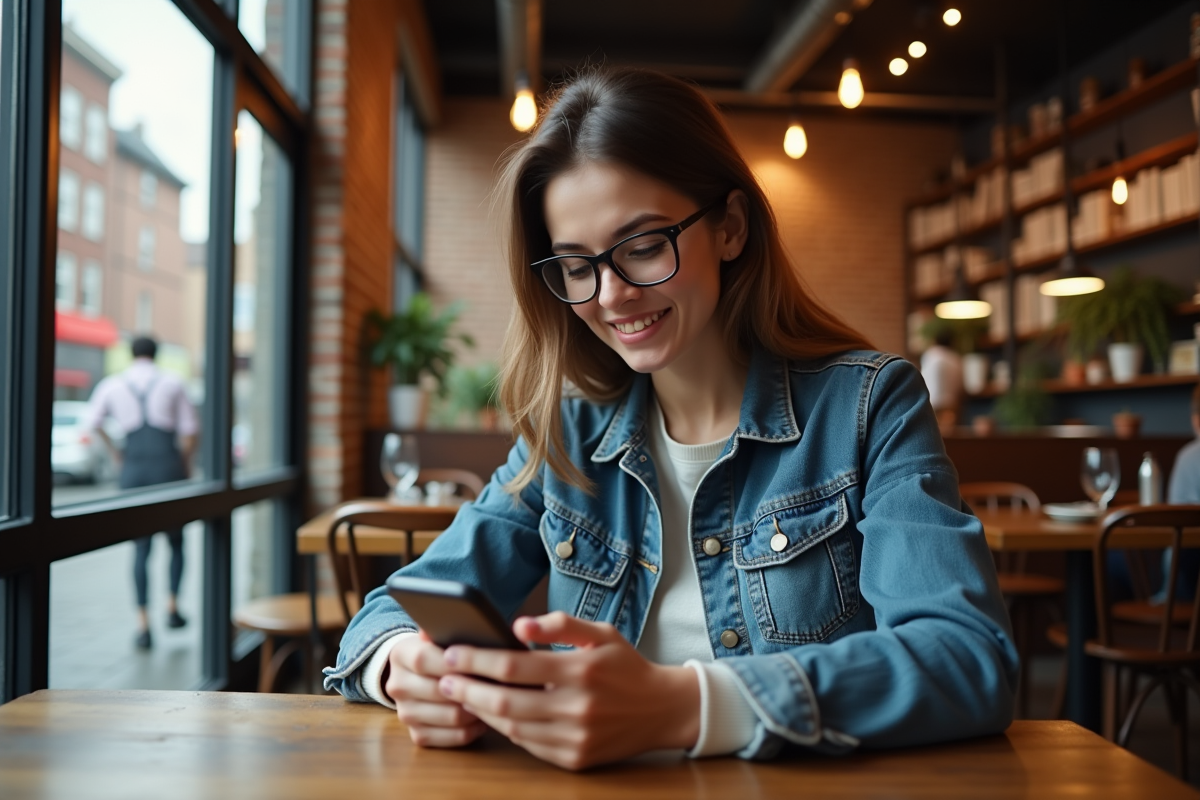 Jeune femme au cafe partageant du contenu tendance sur smartphone