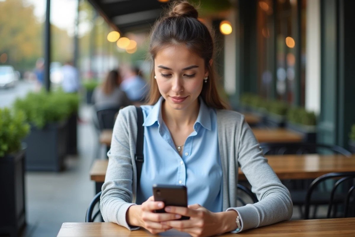 Jeune femme au café lisant des avis sur son smartphone