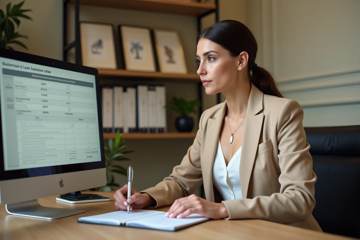 Femme consultant une calculette en ligne pour estimer les frais de cession de fonds de commerce dans un bureau de notaire