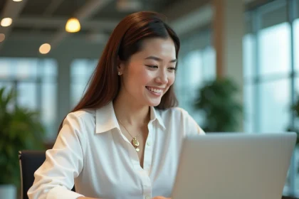 Femme en entreprise utilisant un chat en direct avec une IA sur son ordinateur portable pour convertir des visiteurs en clients