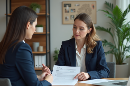 Femme en costume de bureau avec conseiller en carrière
