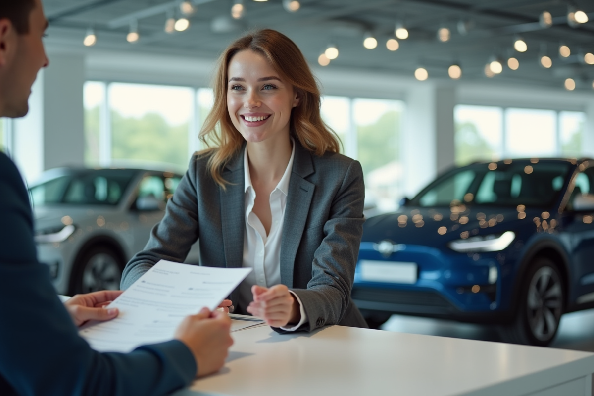 Femme souriante discutant avec un vendeur dans un showroom moderne