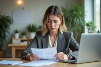 Femme lisant un contrat dans un bureau moderne