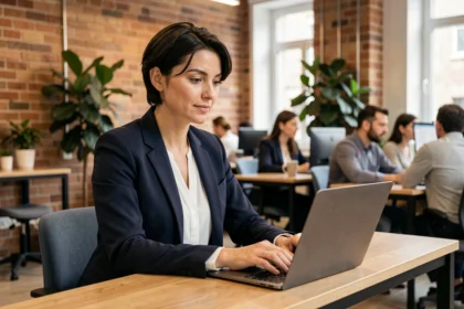 Femme travaillant dans un espace de coworking moderne à Amiens avec bureau en bois et murs en briques apparentes