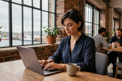 Femme travaillant dans un espace de coworking à Dieppe avec vue sur le port