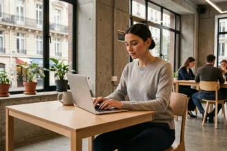 Femme travaillant dans un espace de coworking moderne à Saint-Étienne avec vue sur la ville