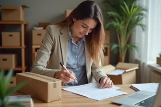 Femme remplissant un formulaire de redirection postale à son bureau