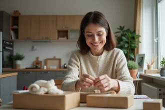 Femme moyenne âge emballant des petits cadeaux à la maison