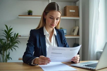 Femme entrepreneur consultant les documents KBIS Pappers pour une SASU à son bureau à domicile