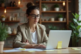 Femme entrepreneurne analysant un tableau de bord e-commerce de niche dans un bureau artisanal indépendant