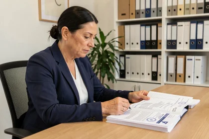 Femme fonctionnaire consultant des formulaires CERFA officiels et registres administratifs sur un bureau en bois dans un bureau moderne