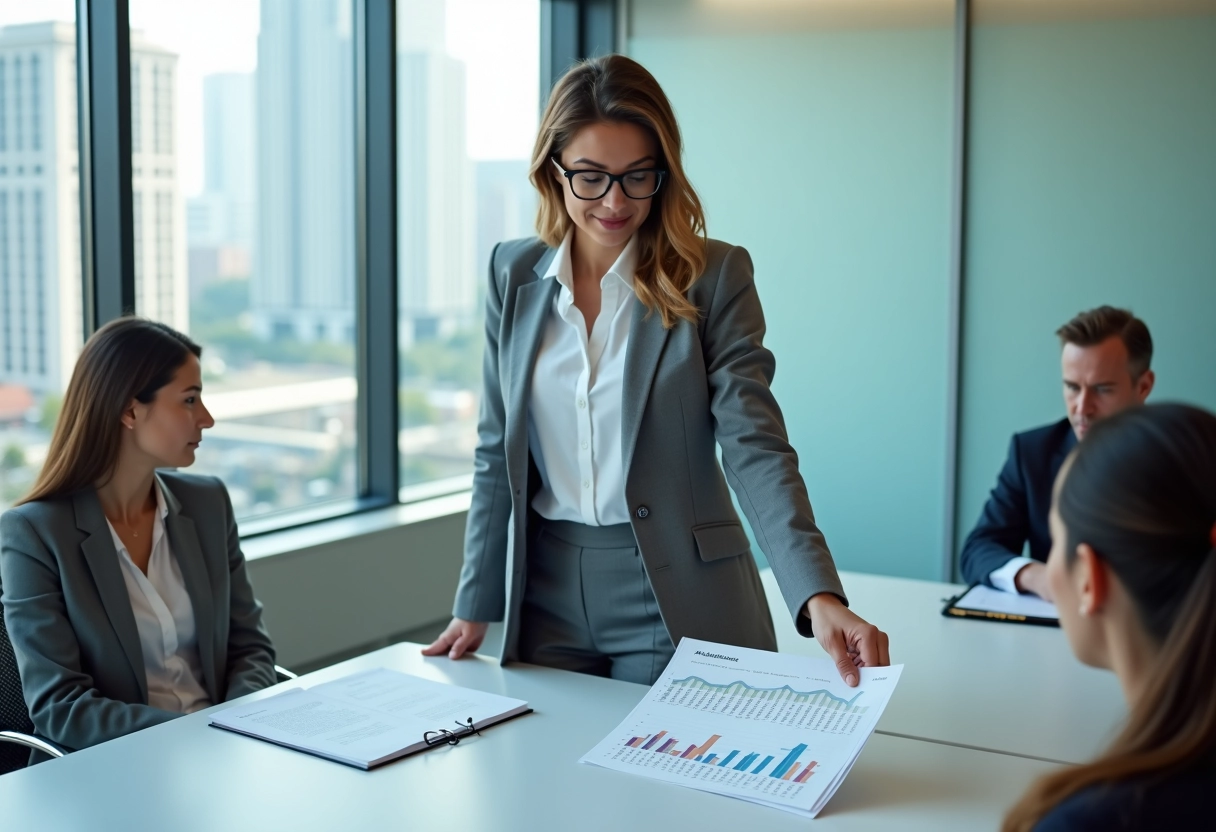 Jeune femme pointant un graphique économique en réunion