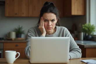 Femme inquiète examinant un relevé bancaire sur un ordinateur portable pour identifier un débit inconnu INFINITE Remit Services