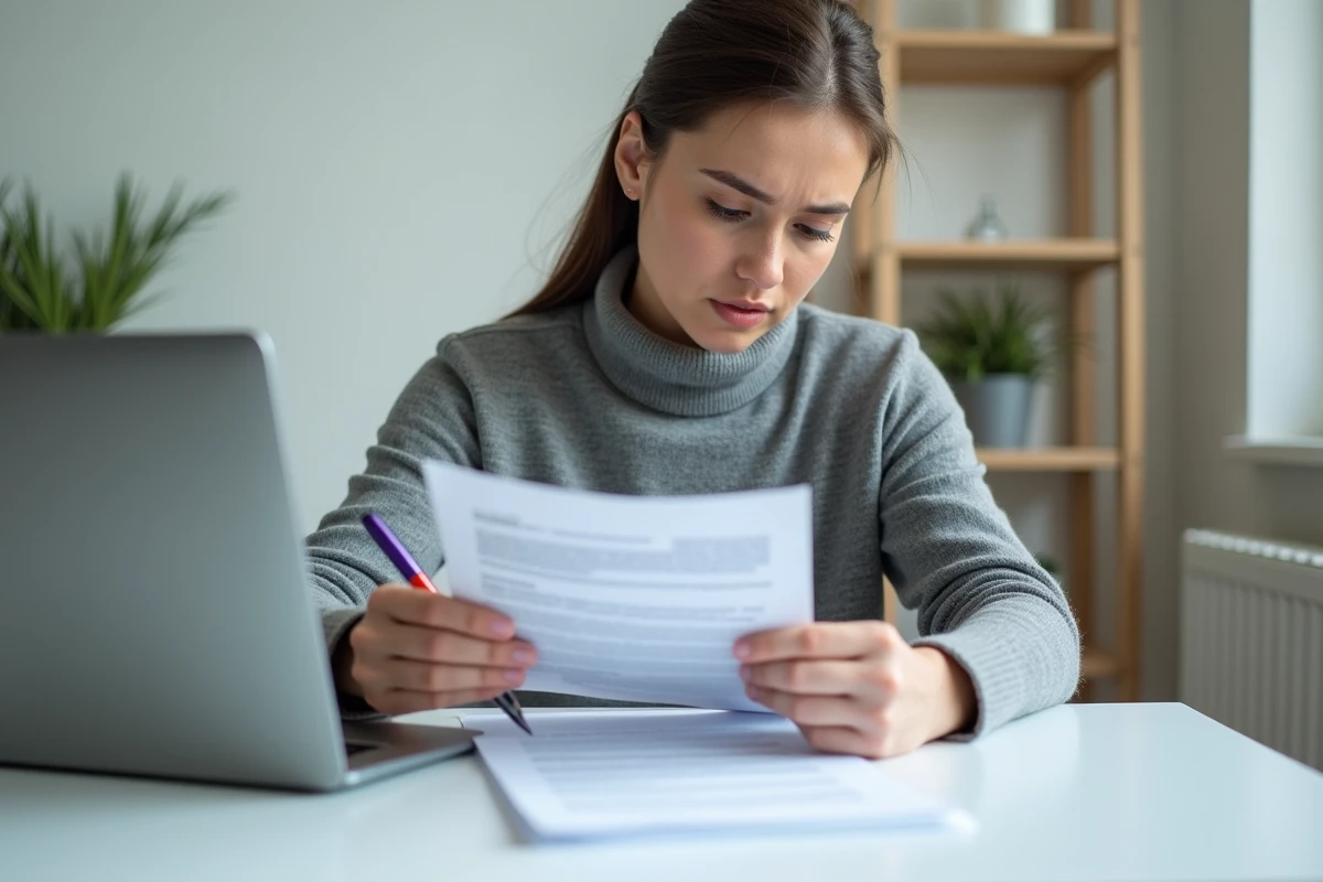 Femme lisant attentivement un contrat client et marquant une clause suspecte avec un stylo rouge dans un bureau à domicile