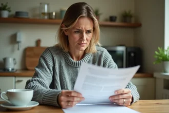Femme lisant un contrat à la maison avant d'exercer son droit de rétractation