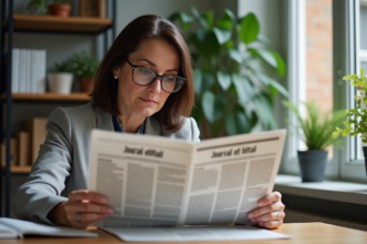 Femme d'âge moyen lisant un journal officiel à la maison