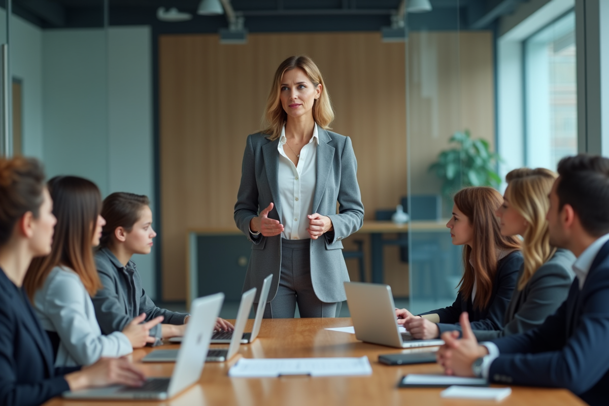 Femme manager en réunion avec son équipe