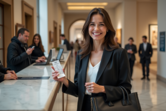 Femme souriante avec billet d'entrée au musée