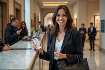 Femme souriante avec billet d'entrée au musée