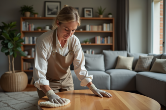 Femme d'âge moyen nettoyant une table en appartement moderne